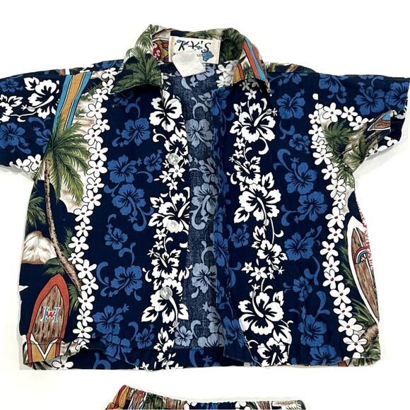 KYS HAWAII Blue Hibiscus Surfboard Palm Tree Print Button Down Shirt & Shorts - Picture 3 of 5